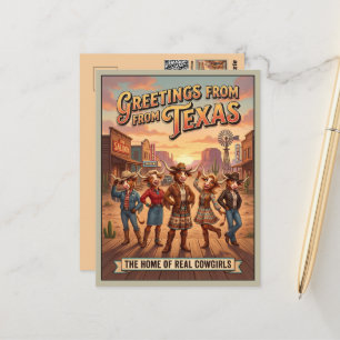 Cartão Postal Saudações 3D de Texas Cowgirls Travel