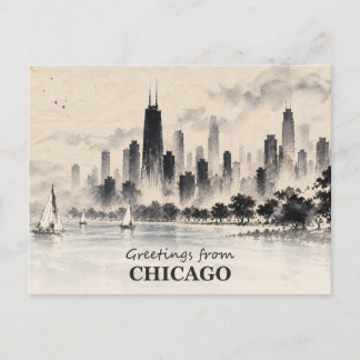 Cartão Postal Saudações da Chicago Skyline Ink Wash