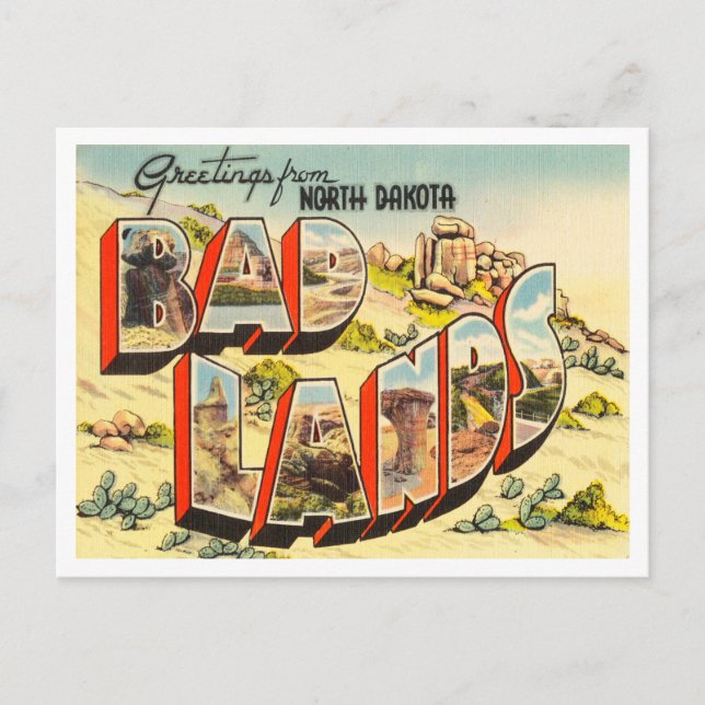 Cartão Postal Saudações da Dakota do Norte, Badlands Viagem (Frente)