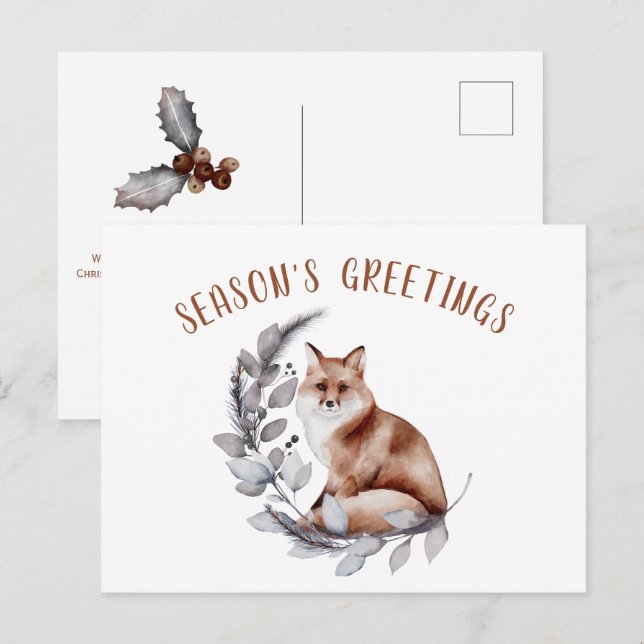 Cartão Postal Saudações da temporada Red Fox Christmas Greenery (Frente/Verso)