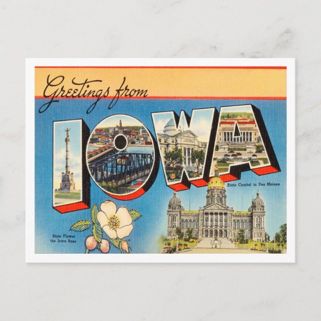 Cartão Postal Saudações da Viagens vintage de Iowa (Frente)