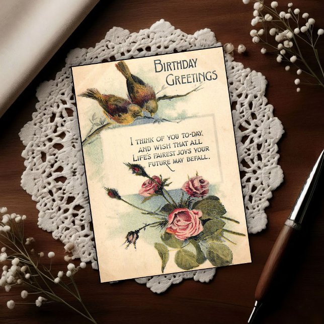 Cartão Postal Saudações de Aniversário Antigas 1917 Rosas (Criador carregado)
