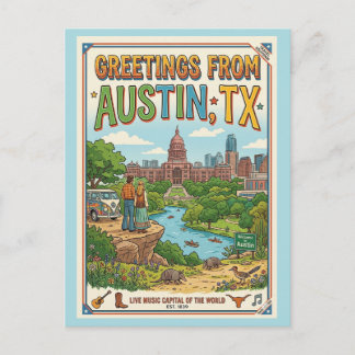 Cartão Postal Saudações de Austin TX Colorido Retrô