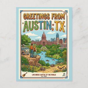Cartão Postal Saudações de Austin TX Colorido Retro
