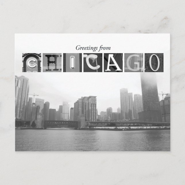 Cartão Postal Saudações de Chicago Black and White Skyline (Frente)