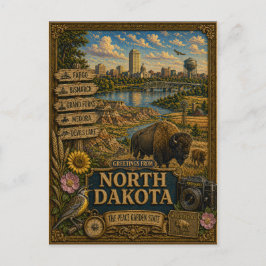 Cartão Postal Saudações de Dakota do Norte | Arte Retro Antiga