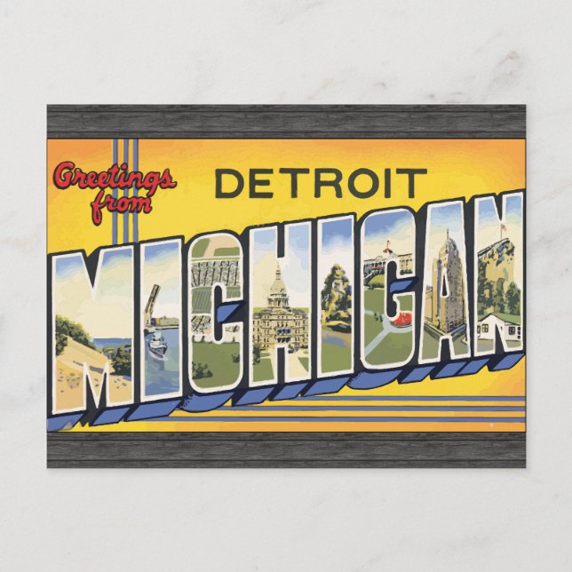 Cartão Postal Saudações De Detroit Michigan, Vintage (Frente)