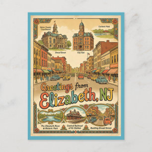 Cartão Postal Saudações de Elizabeth Nova Jersey Estilo Vintage