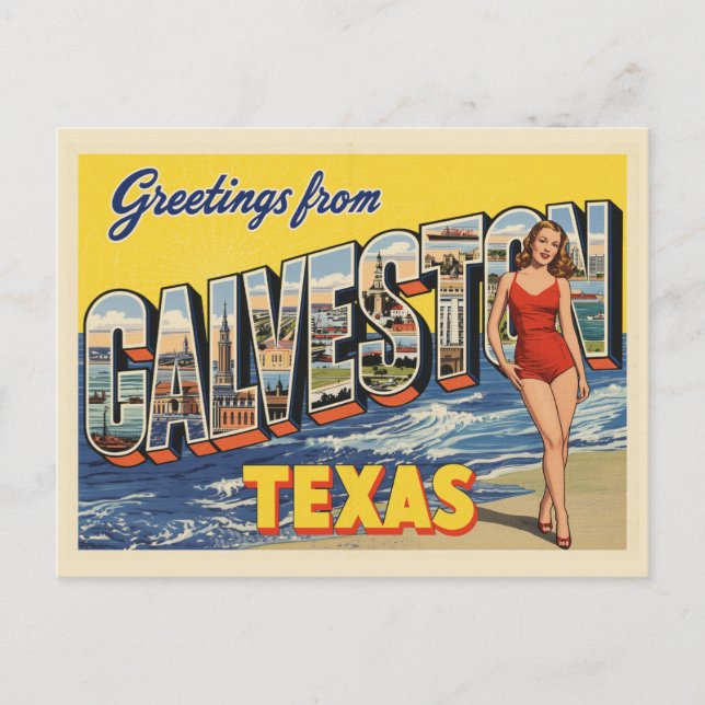 Cartão Postal Saudações de Galveston Texas Vintage (Frente)