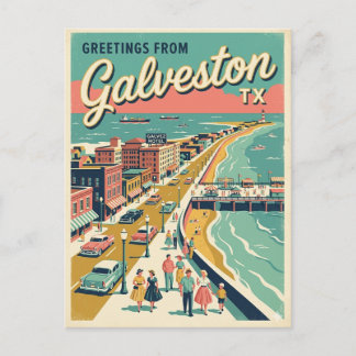 Cartão Postal Saudações de Galveston TX Vista Aérea Retro
