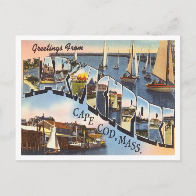Cartão Postal Saudações de Harwichport, Cape Cod, Massachusetts. (Frente)