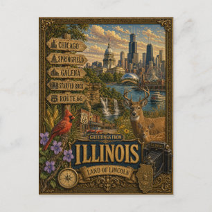 Cartão Postal Saudações de Illinois   Arte Retro Vintage