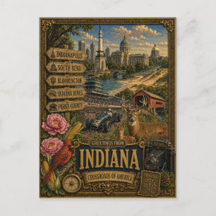Cartão Postal Saudações de Indiana   Arte Retro Vintage