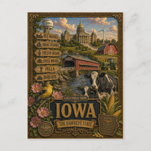 Cartão Postal Saudações de Iowa   Arte Retro Vintage