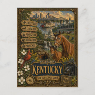 Cartão Postal Saudações de Kentucky   Arte Retro Vintage