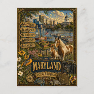 Cartão Postal Saudações de Maryland   Arte Retro Vintage