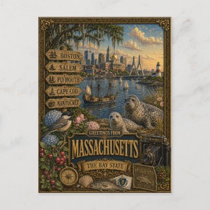 Cartão Postal Saudações de Massachusetts Arte Retro Vintage