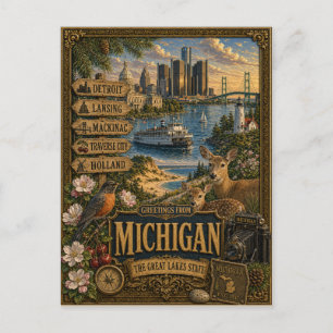 Cartão Postal Saudações de Michigan Arte Retro Vintage