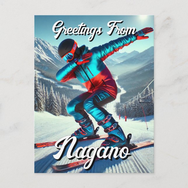 Cartão Postal Saudações de Nagano Japão Dabbing Skier Postcard (Frente)