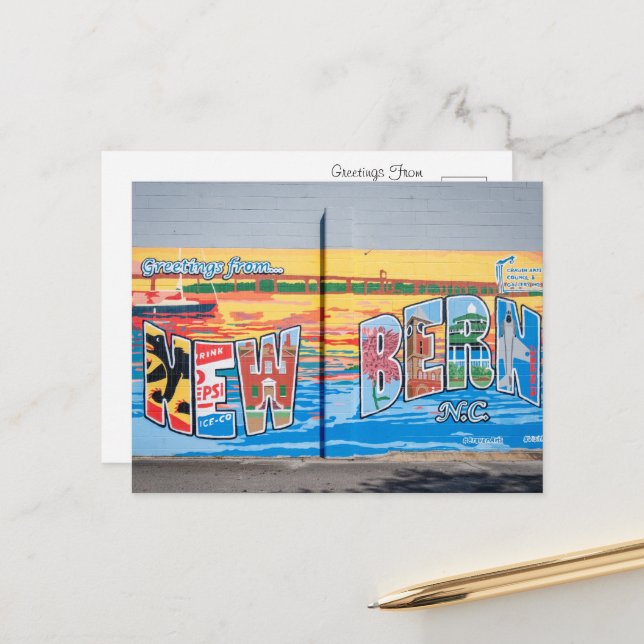 Cartão Postal Saudações de New Bern, Carolina do Norte (Frente/Verso In Situ)