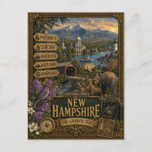 Cartão Postal Saudações de New Hampshire Arte Retro Vintage