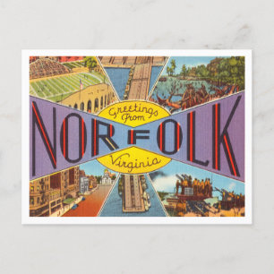 Cartão Postal Saudações de Norfolk, Virginia Viagens vintage