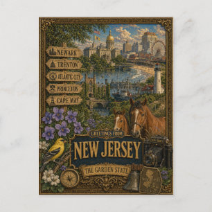 Cartão Postal Saudações de Nova Jersey Arte Retro Vintage