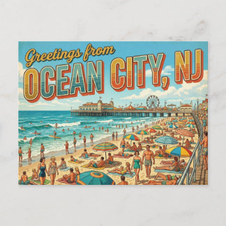 Cartão Postal Saudações de Ocean City NJ Estilo Vintage