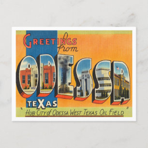 Cartão Postal Saudações de Odessa, Viagens vintage do Texas