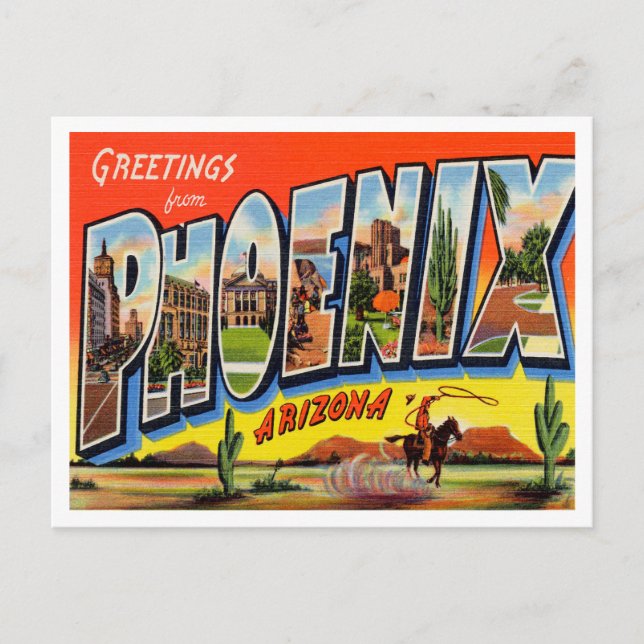 Cartão Postal Saudações de Phoenix, Viagens vintage Arizona (Frente)