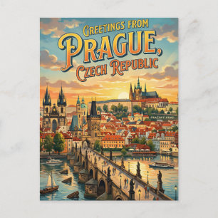 Cartão Postal Saudações de Praga República Tcheca Estilo Vintage