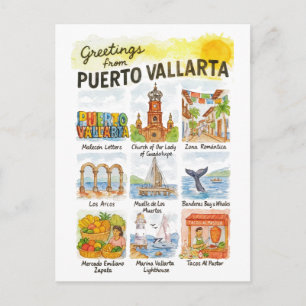 Cartão Postal Saudações de Puerto Vallarta   Aquarela de Viagem