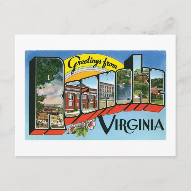 Cartão Postal Saudações de Roanoke, Virginia! Placa de Posto Ret (Frente)