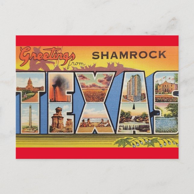 Cartão Postal Saudações de Shamrock Texas Viagens Antigas  (Frente)