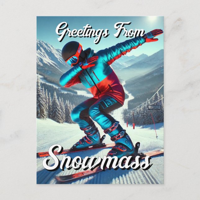 Cartão Postal Saudações de Snowmass Dabbing Skier (Frente)