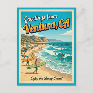 Cartão Postal Saudações de Ventura Califórnia Praia de Surf Retr