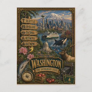 Cartão Postal Saudações de Washington Arte Retro Vintage