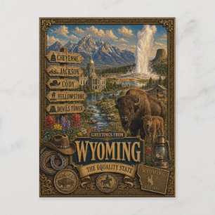 Cartão Postal Saudações de Wyoming Arte Retro Vintage