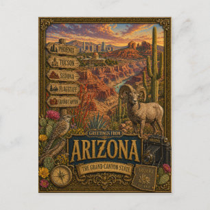 Cartão Postal Saudações do Arizona   Arte Retro Vintage