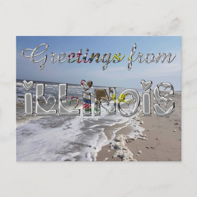 Cartão Postal Saudações do Estado do Illinois Flag Hearts EUA (Frente)