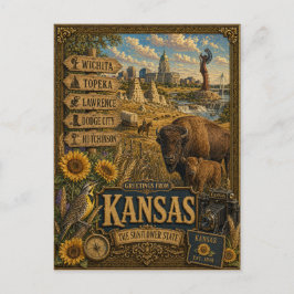 Cartão Postal Saudações do Kansas | Arte Retro Vintage