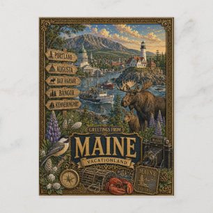 Cartão Postal Saudações do Maine Arte Retro Vintage