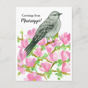 Cartão Postal Saudações do Mississippi Mockingbird Magnolia