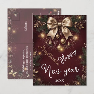 Cartão Postal Saudações Natalinas Vermelho Borgonha Dourado Arco