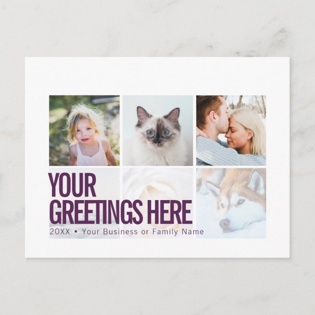 Cartão Postal Saudações Universais Modernas 6 fotos Branco Roxo (Frente)