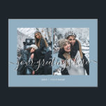 Cartão Postal Saudações Universais Personalizadas Azuis 2 fotos<br><div class="desc">Cartões de Saudações Universais personalizados em azul claro empoeirado para 2 melhores amigos, casamentos ou fotos de família, apresentando uma colagem de fotos elegante com 2 imagens personalizadas, sua mensagem de saudações em uma fonte manuscrita elegante, seu nome, data, ano, mensagem no verso em uma fonte sans serif moderna e...</div>