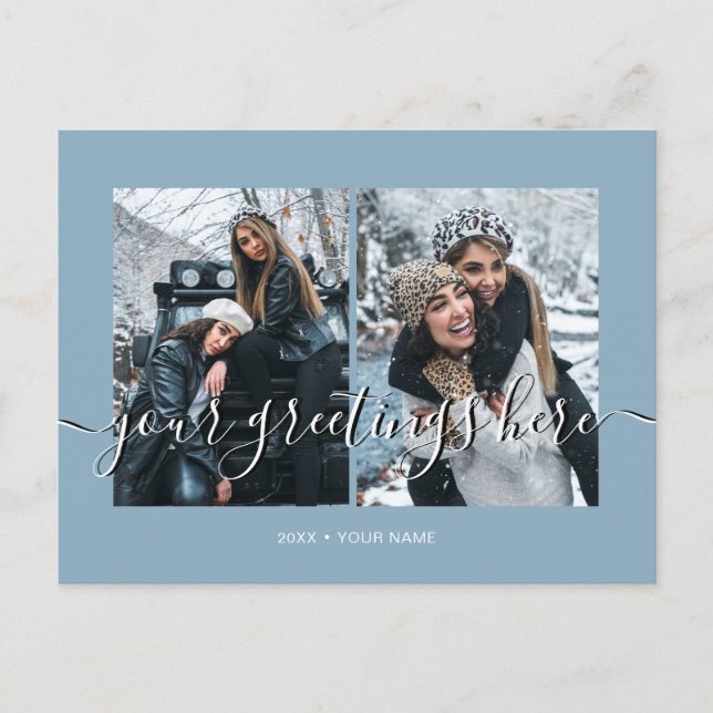 Cartão Postal Saudações Universais Personalizadas Azuis 2 fotos (Frente)