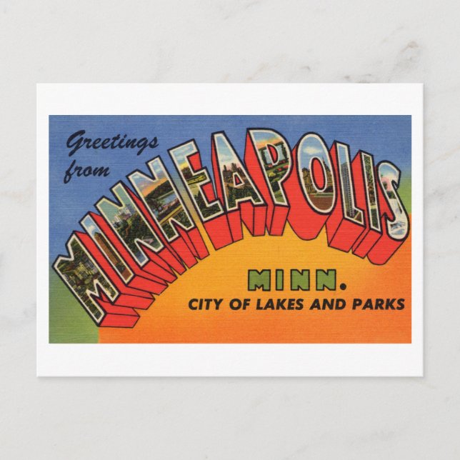 Cartão Postal Saudações Vintage de Minneapolis, Minnesota (Frente)