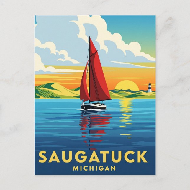 Cartão Postal Saugatuck Sailboat Michigan Viagem (Frente)