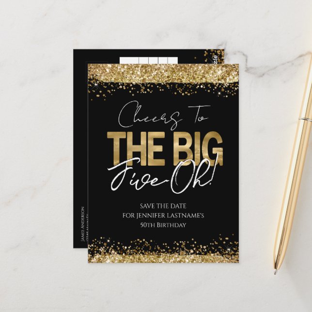 Cartão postal 'save the date' dourado e preto para (Frente/Verso In Situ)